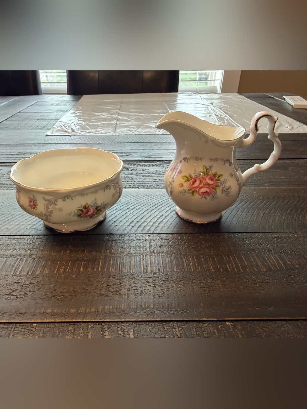 Royal Albert Tranquility Porcelain Creamer and Sugar Bowl with Pink Rose Motif